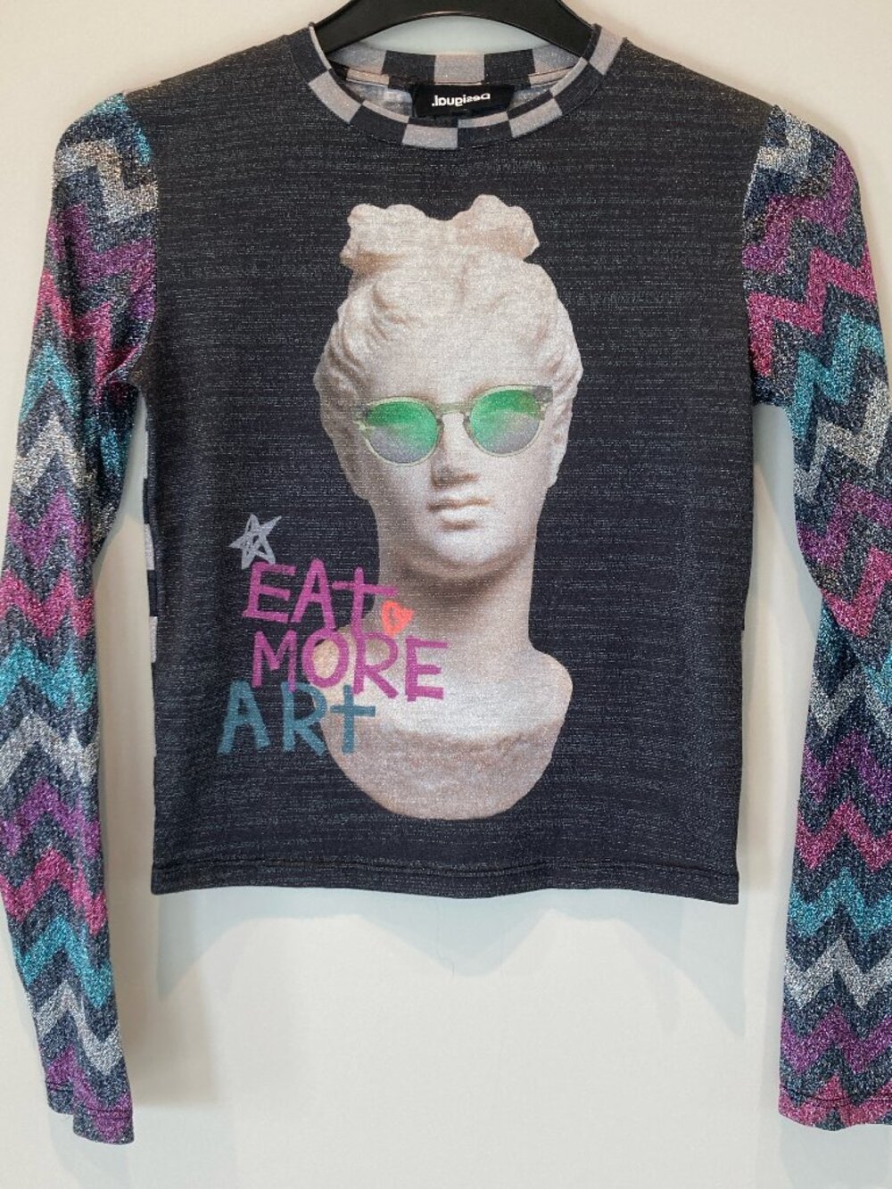 Desigual Digital Arty Metallic Long Sleeve Tee Eat More Art Zig Zag Top